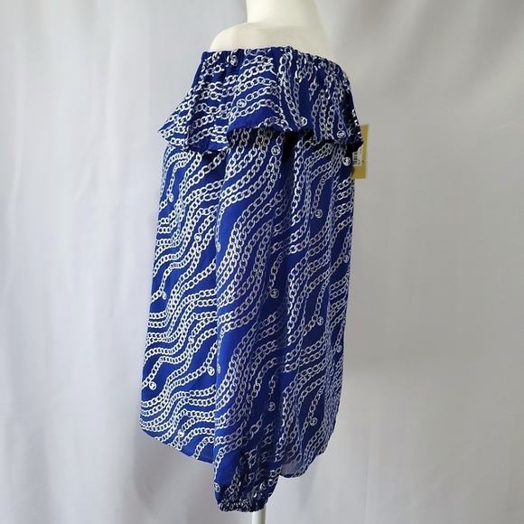 New Michael Kors Women's Blue Chain Print Off Shoulder Top Size Xsmall - Picture 8 of 15